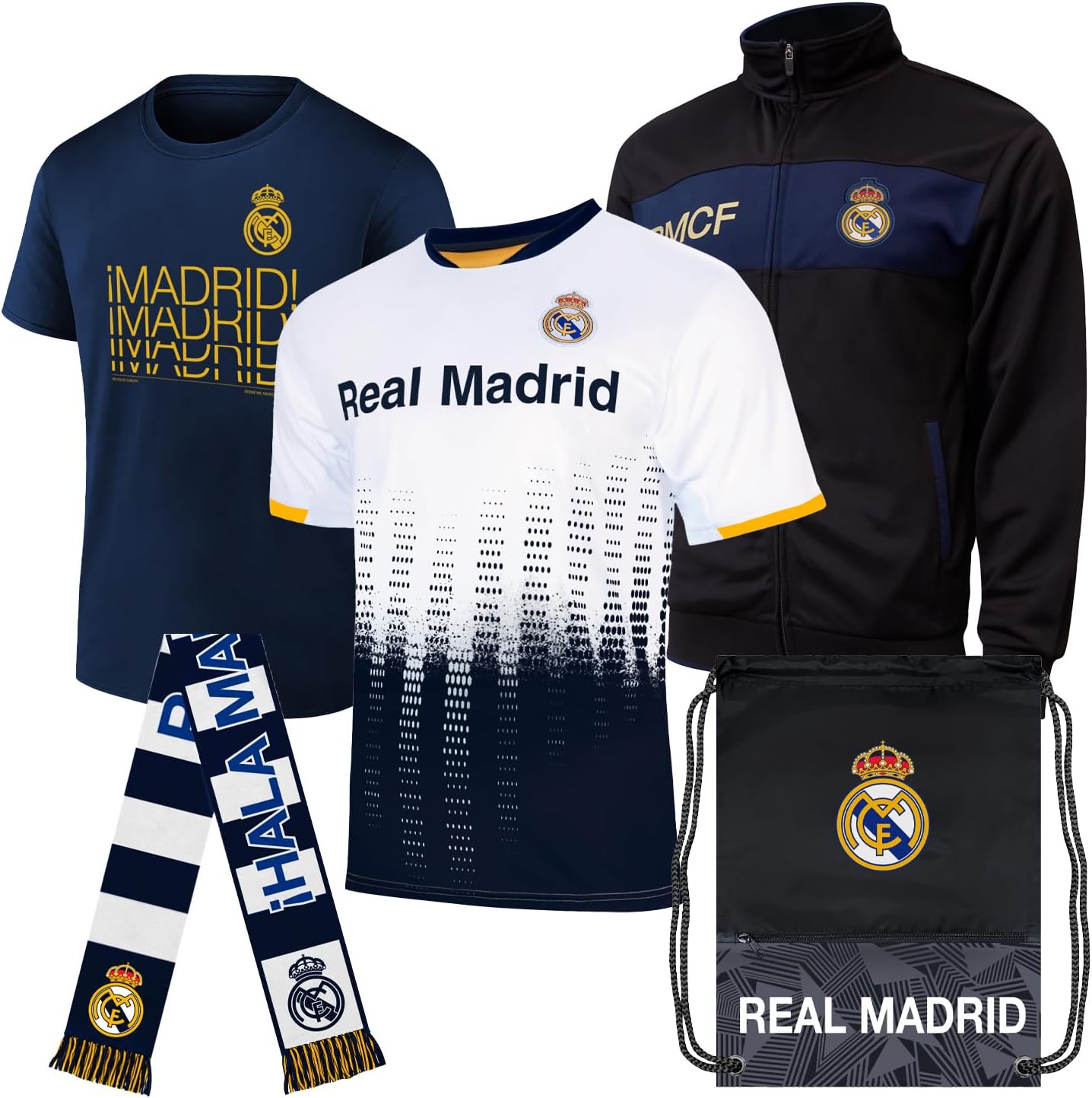 Ultimate Fan Pack: Officially Licensed CF Real Madrid Soccer Bag, Scarf, Jacket & Shirts 5 Piece Value Set