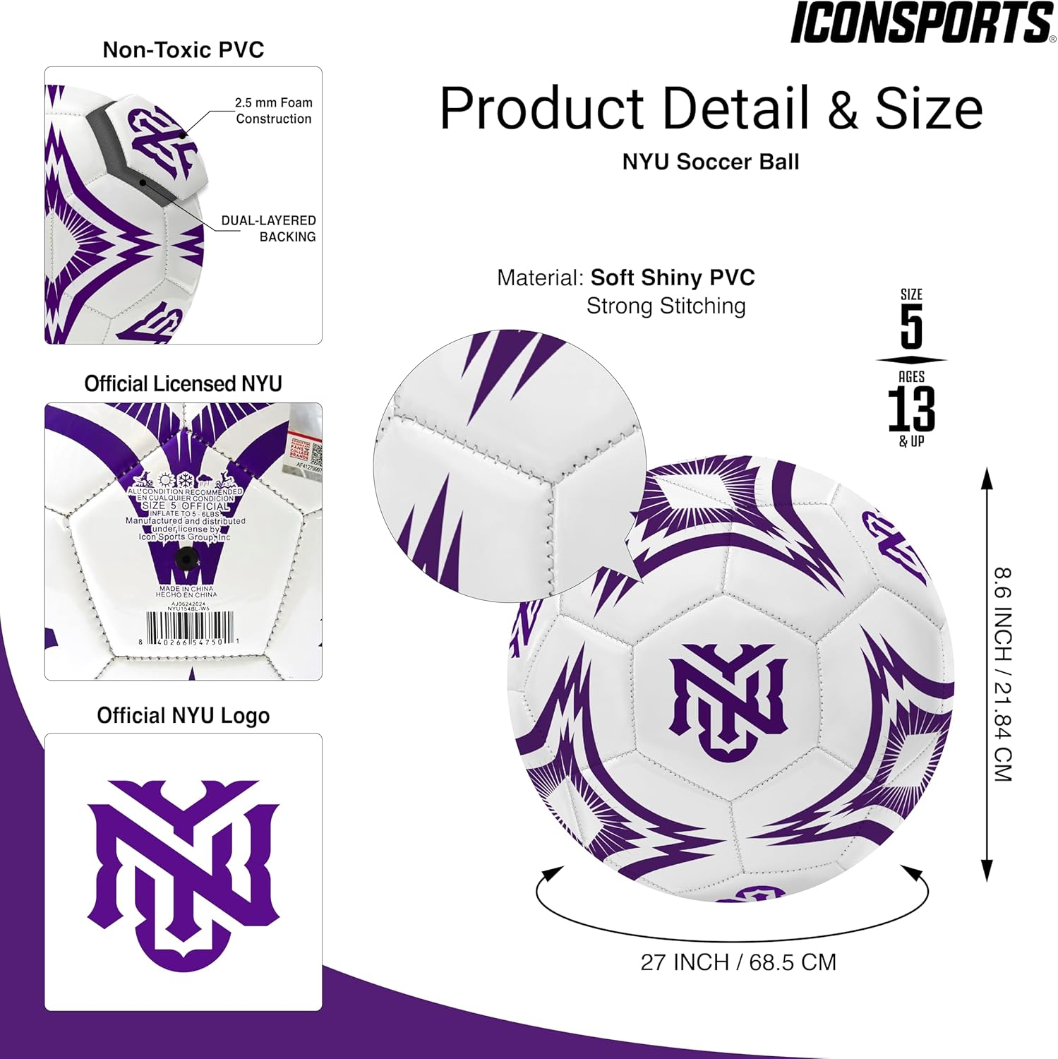 New York University Kaleidoscope Regulation Size 5" College Soccer Ball