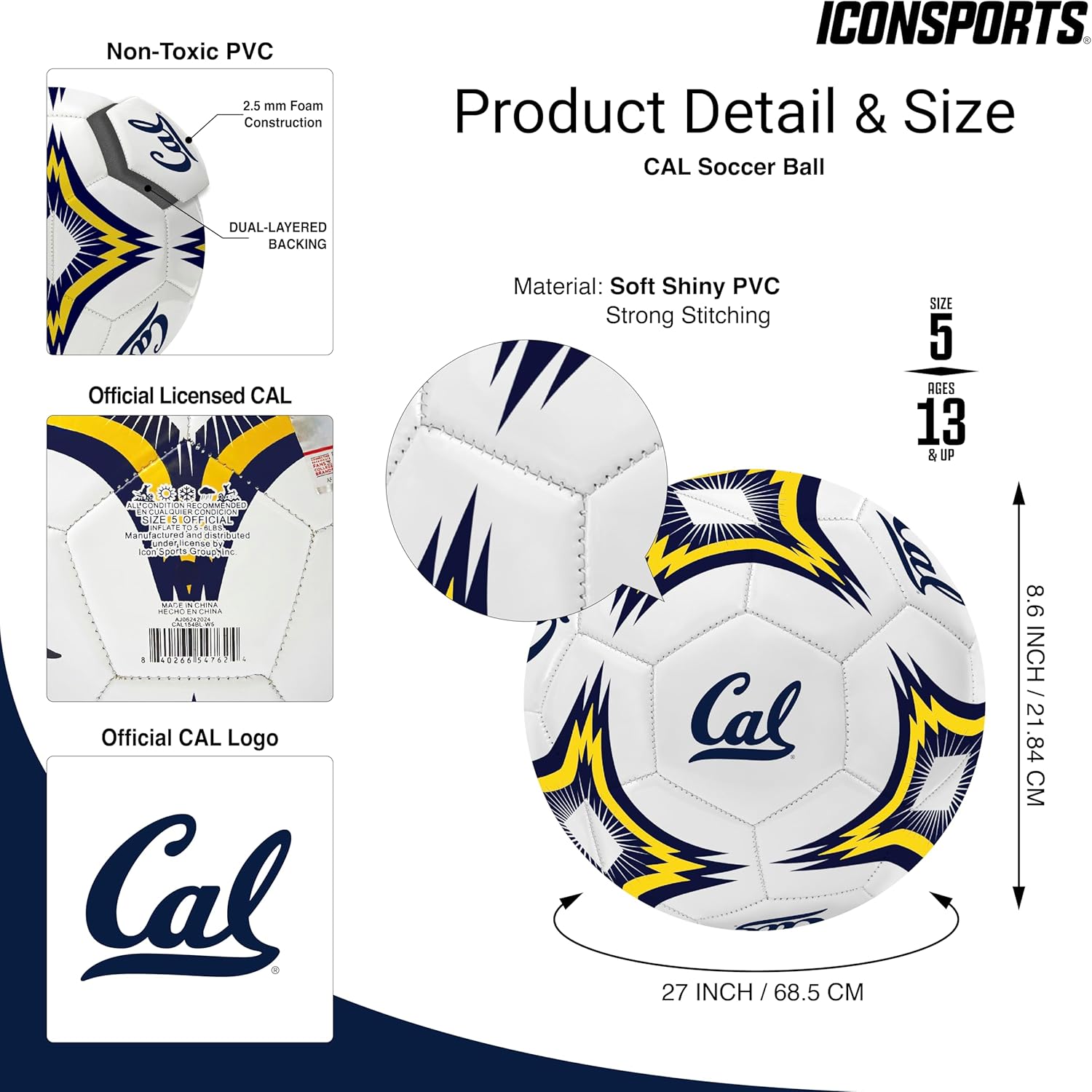 Cal Berkeley Kaleidoscope Regulation Size 5" College Soccer Ball