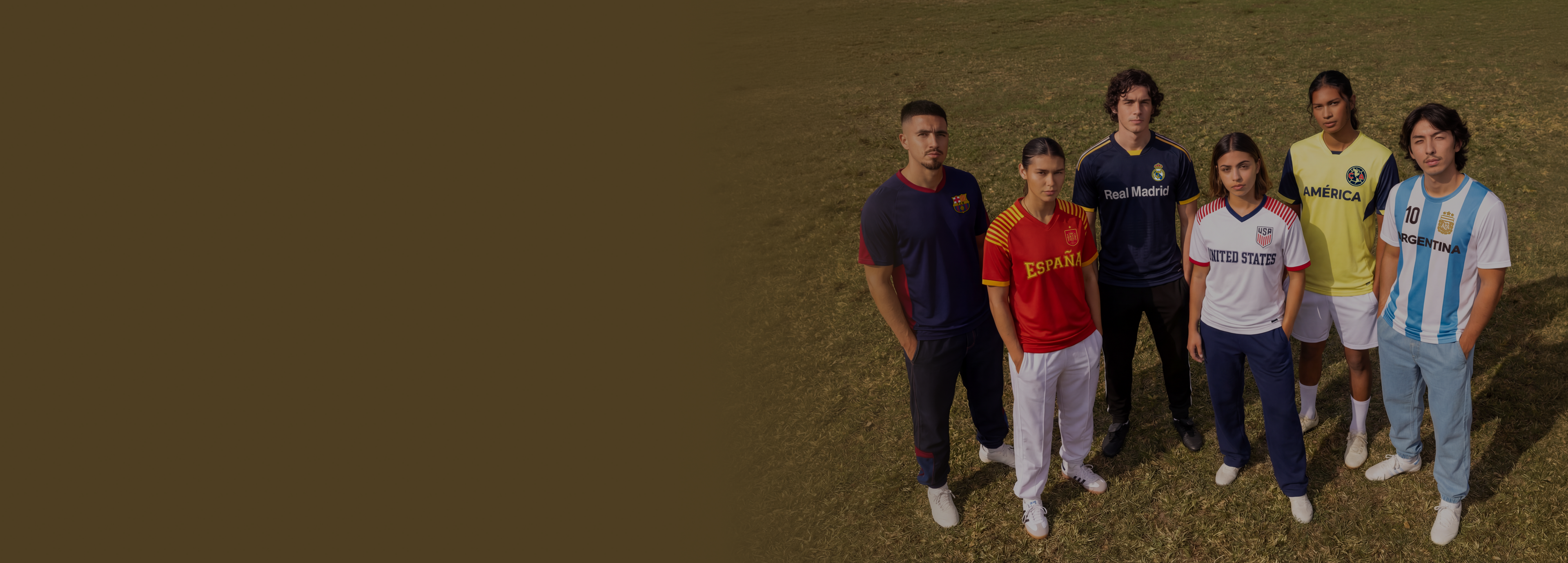 Six models wearing licensed international and club soccer apparel standing on a grass field.