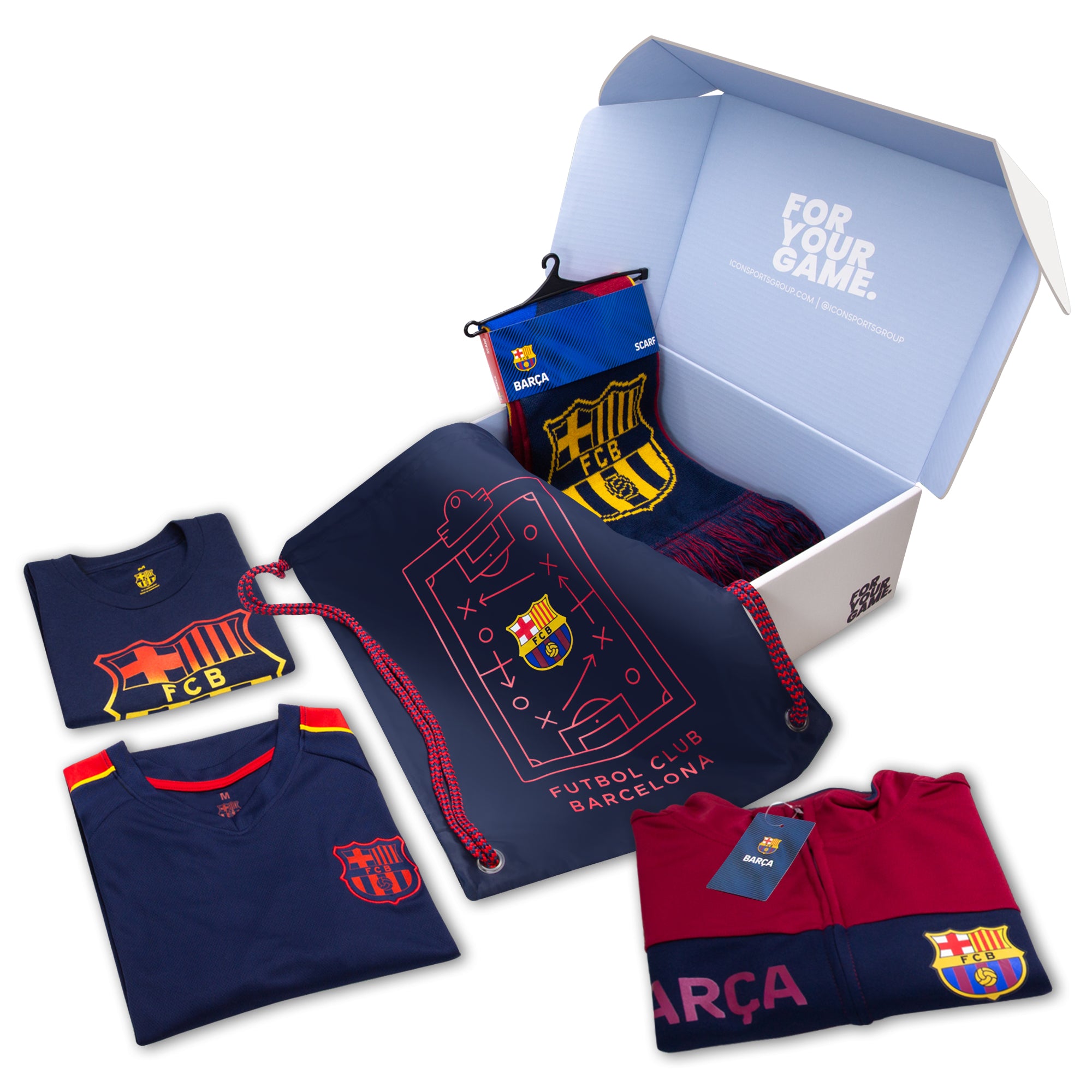 2024 Icon Sports Officially Licensed FC Barcelona Ultimate Fan Pack - Soccer Bag, Scarf, Jacket & Shirts Value Set