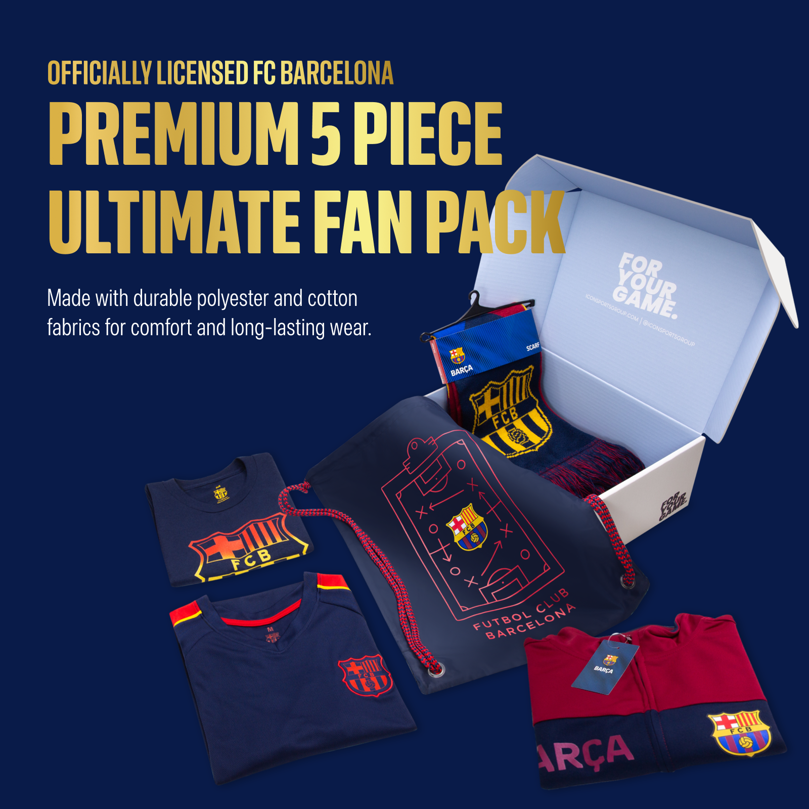 2024 Icon Sports Officially Licensed FC Barcelona Ultimate Fan Pack - Soccer Bag, Scarf, Jacket & Shirts Value Set