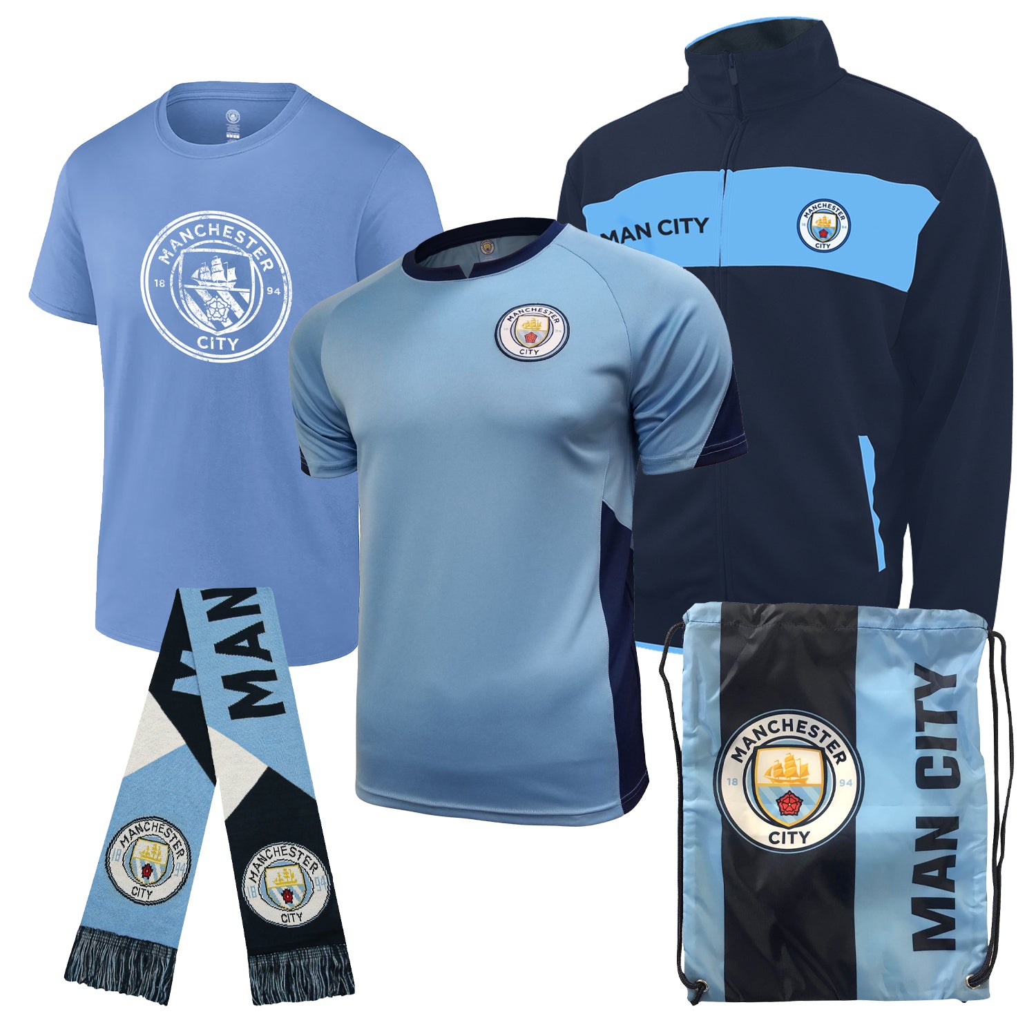 2024 Icon Sports Officially Licensed Manchester City Ultimate Fan Pack - Soccer Bag, Scarf, Jacket & Shirts Value Set