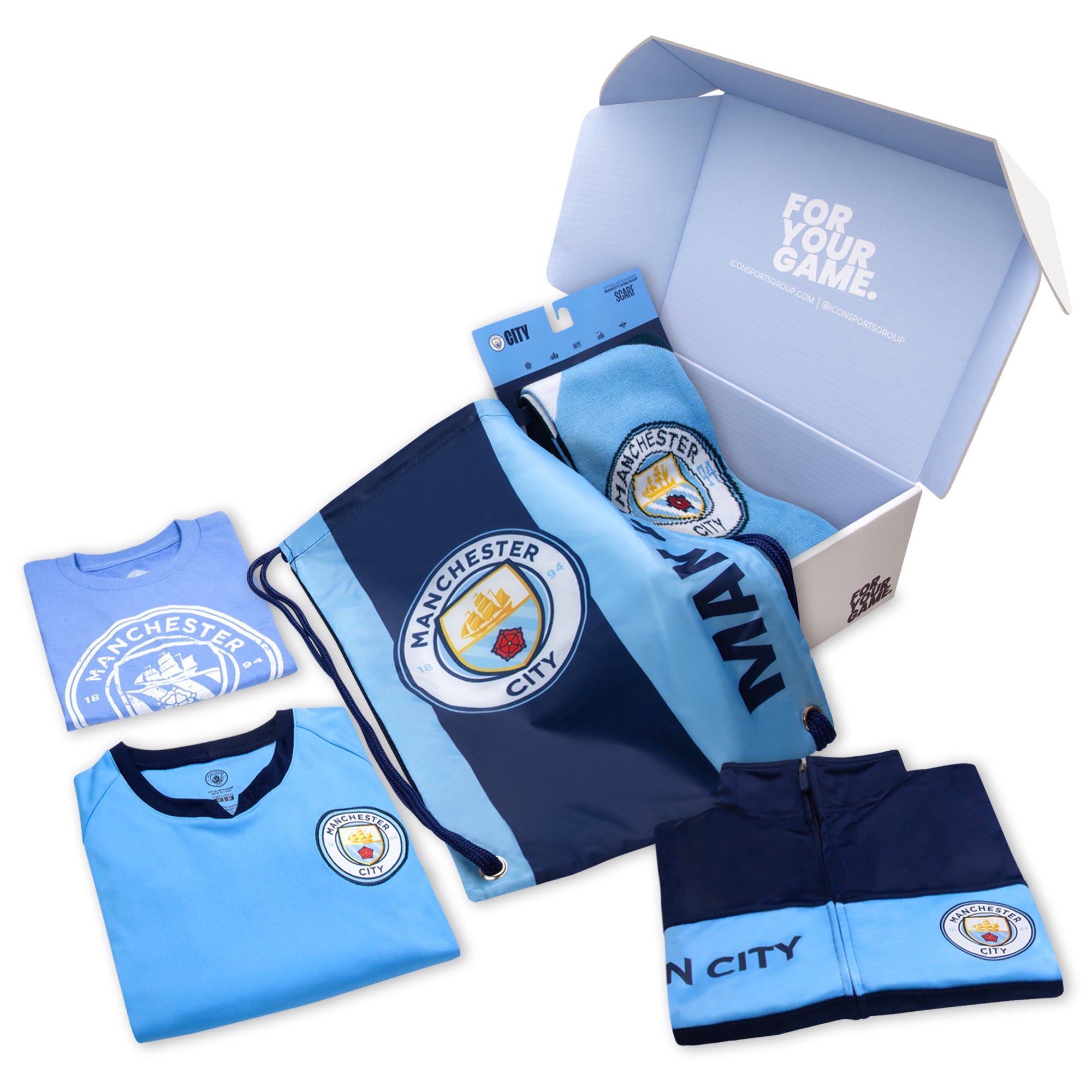 2024 Icon Sports Officially Licensed Manchester City Ultimate Fan Pack - Soccer Bag, Scarf, Jacket & Shirts Value Set