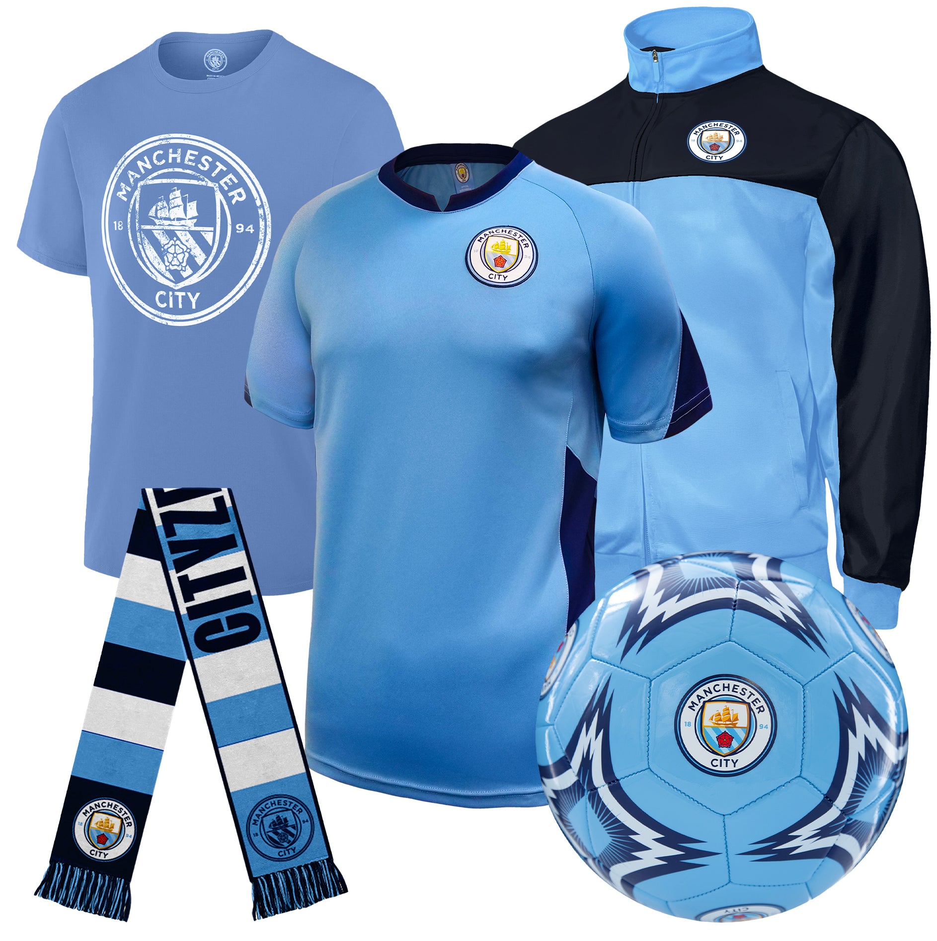 Manchester City FC Ultimate Fan Pack: Soccer Ball, Scarf, Shirts & Jacket 5-Piece Value Set - Unisex Adult - MCUFP-SP-2