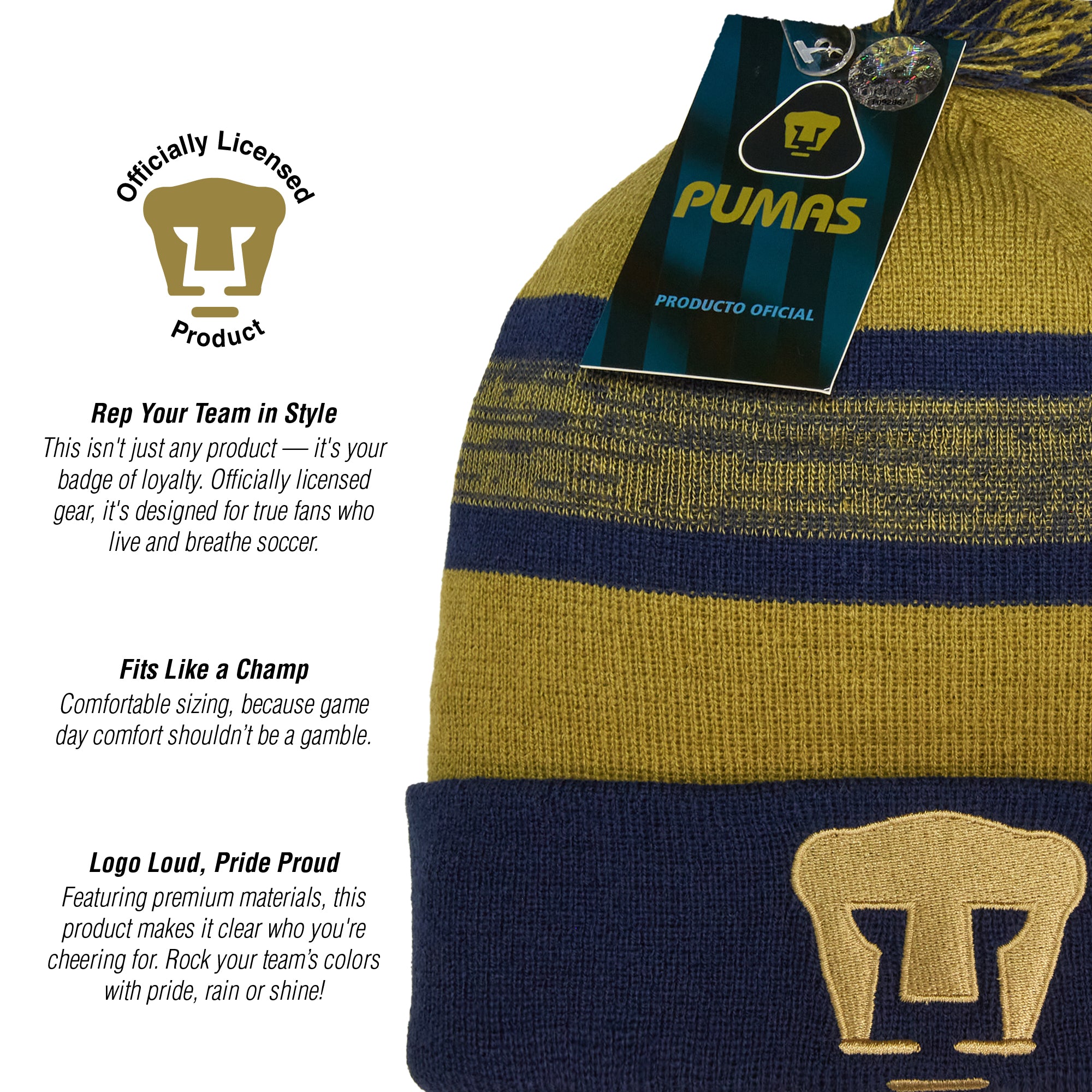 Pumas UNAM Striped Premium Soft Knit Pom Beanie