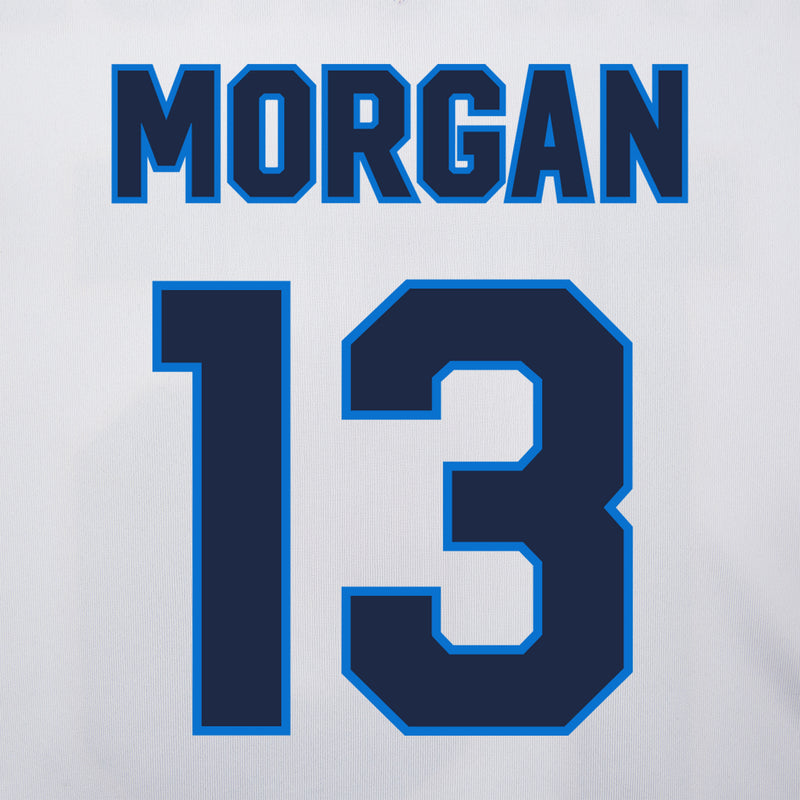 white/blue jersey