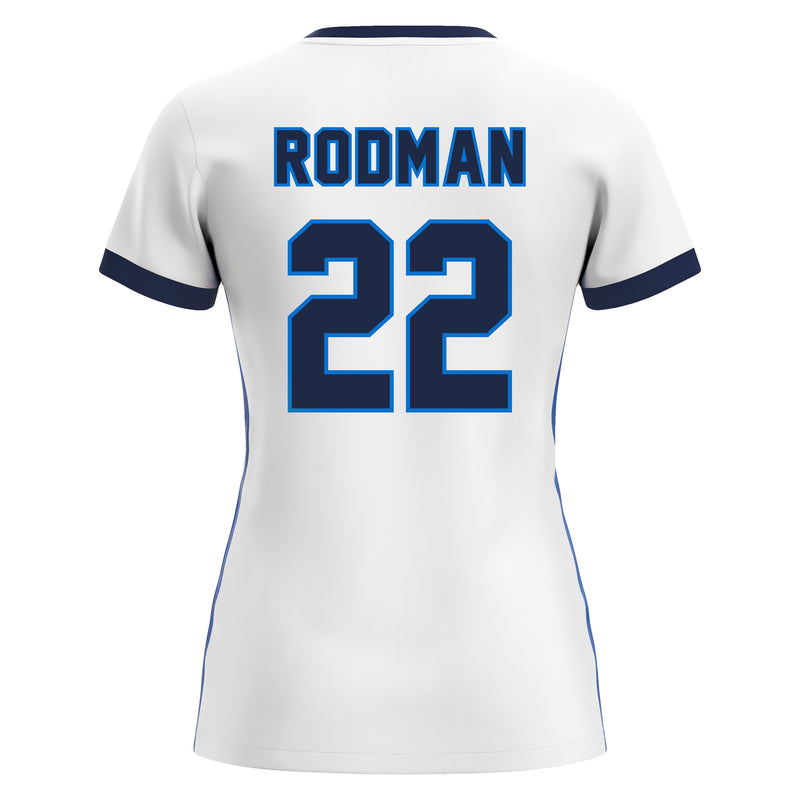 white/blue jersey