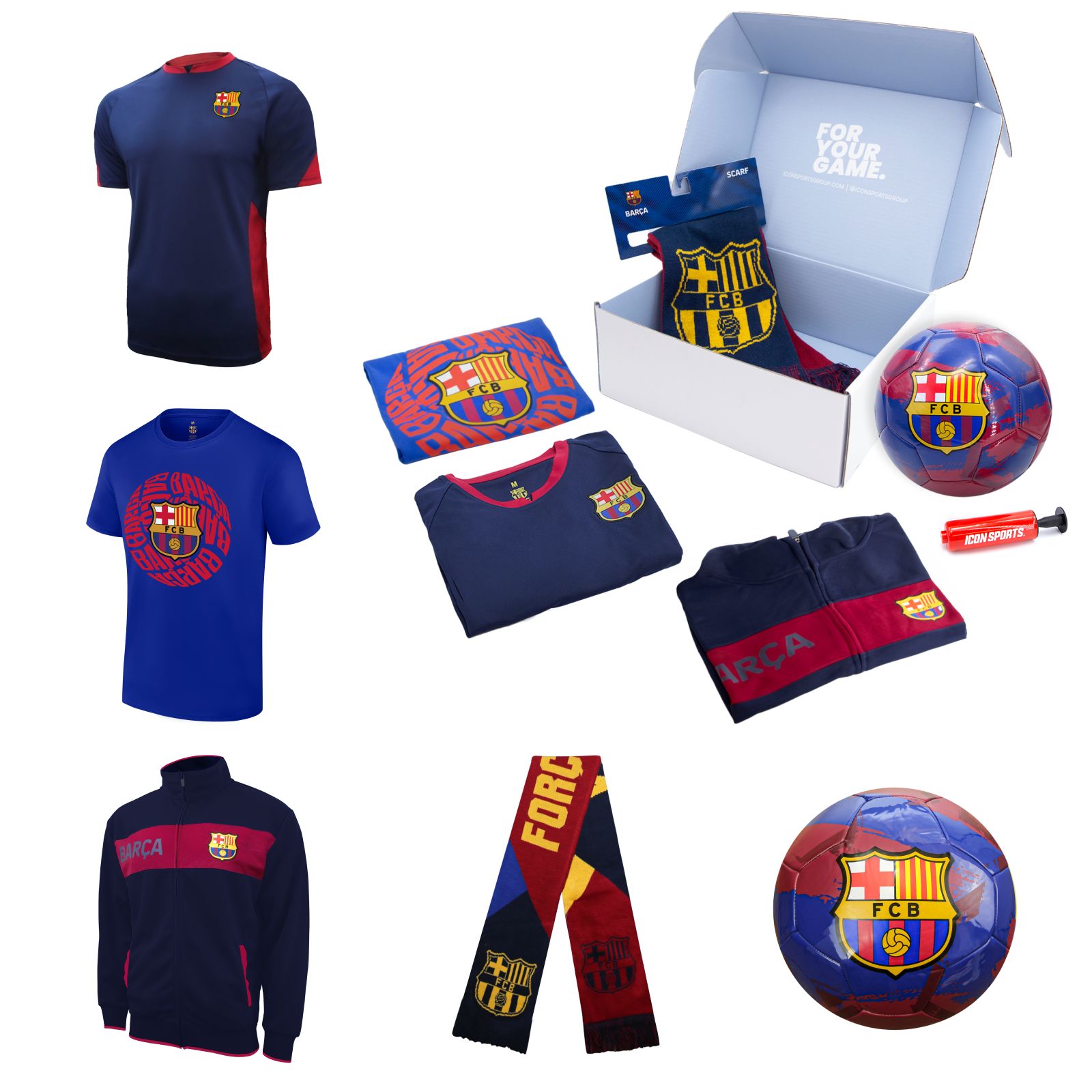 Icon Sports Officially Licensed FC Barcelona Ultimate Fan Pack, 5-Piece Soccer Set - Soccer Ball, Scarf, Jacket & Shirts Value Bundle