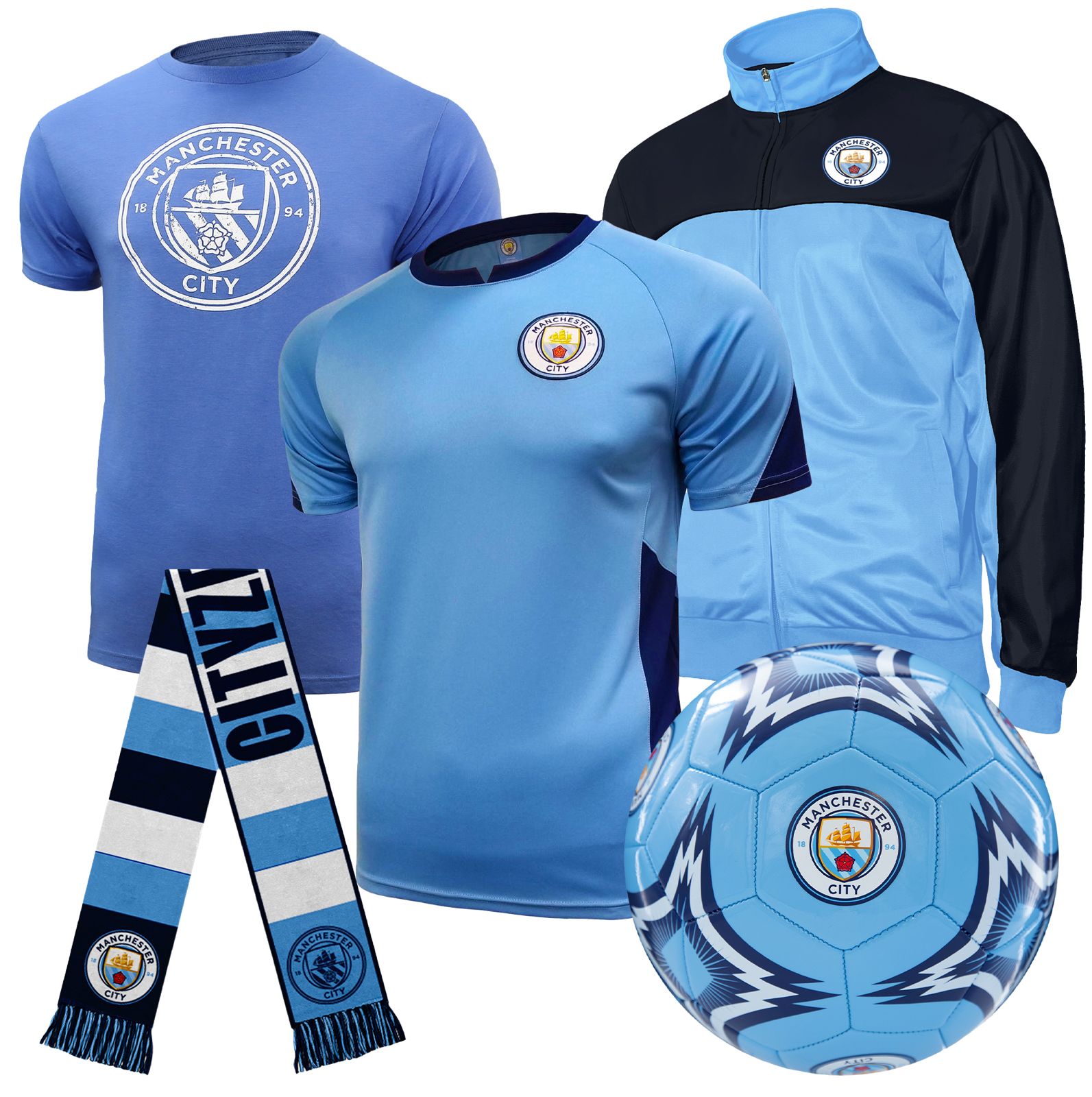 Manchester City FC Ultimate Fan Pack: Soccer Ball, Scarf, Shirts & Jacket 5-Piece Value Set - Unisex Adult - MCUFP-SP-2