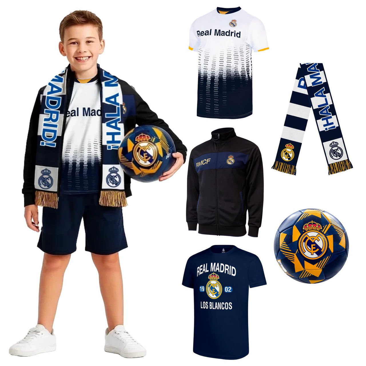 Real Madrid CF Kids Ultimate Fan Pack: Soccer Ball, Scarf, Shirts & Jacket 5-Piece Value Set - RMUFP-YP