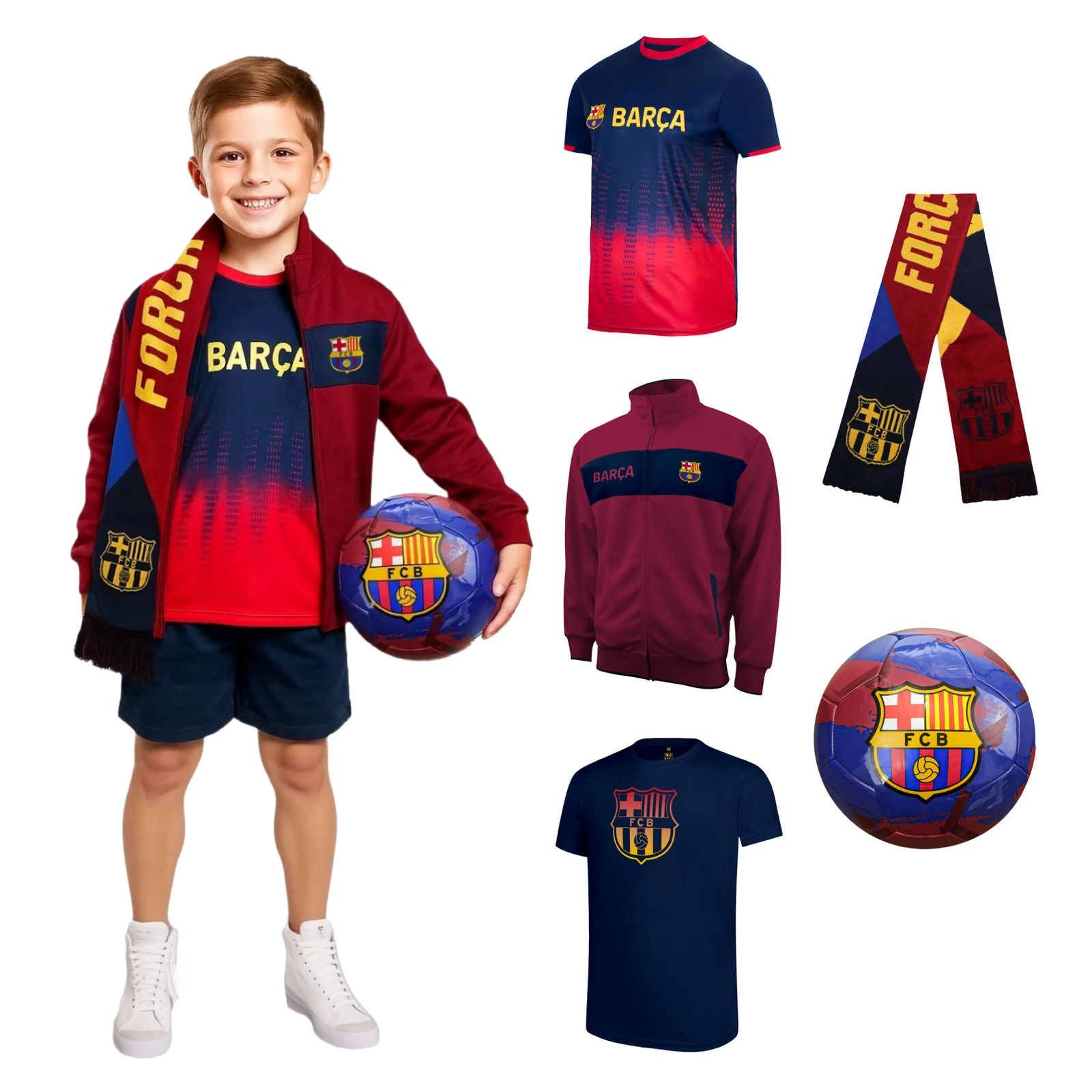 FC Barcelona Team Kids Ultimate Fan Pack: Soccer Ball, Scarf, Shirts & Jacket 5-Piece Value Set - Youth - FCBUFP-YP