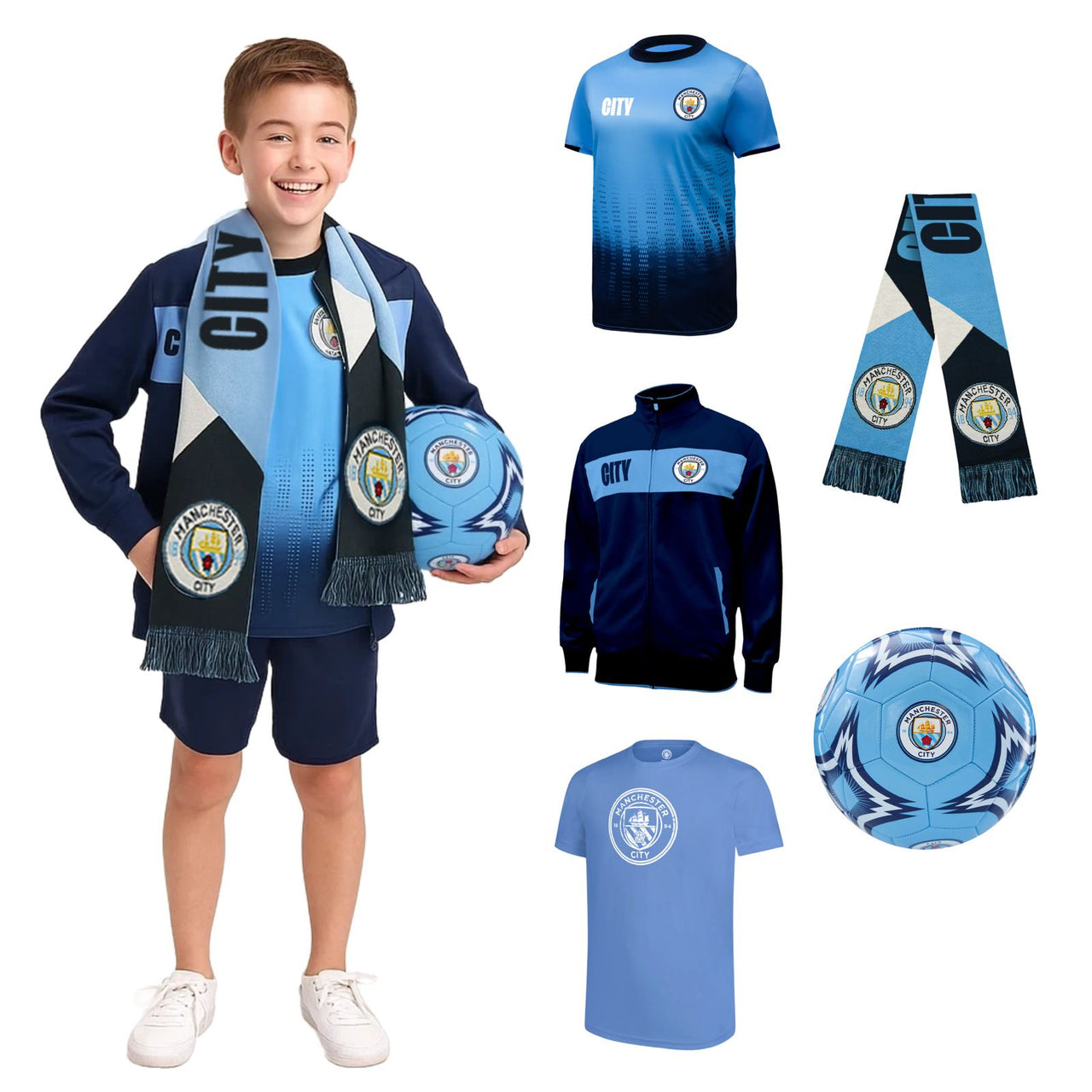Manchester City FC Team Kids Ultimate Fan Pack: Soccer Ball, Scarf, Shirts & Jacket 5-Piece Value Set - MCUFP-YP