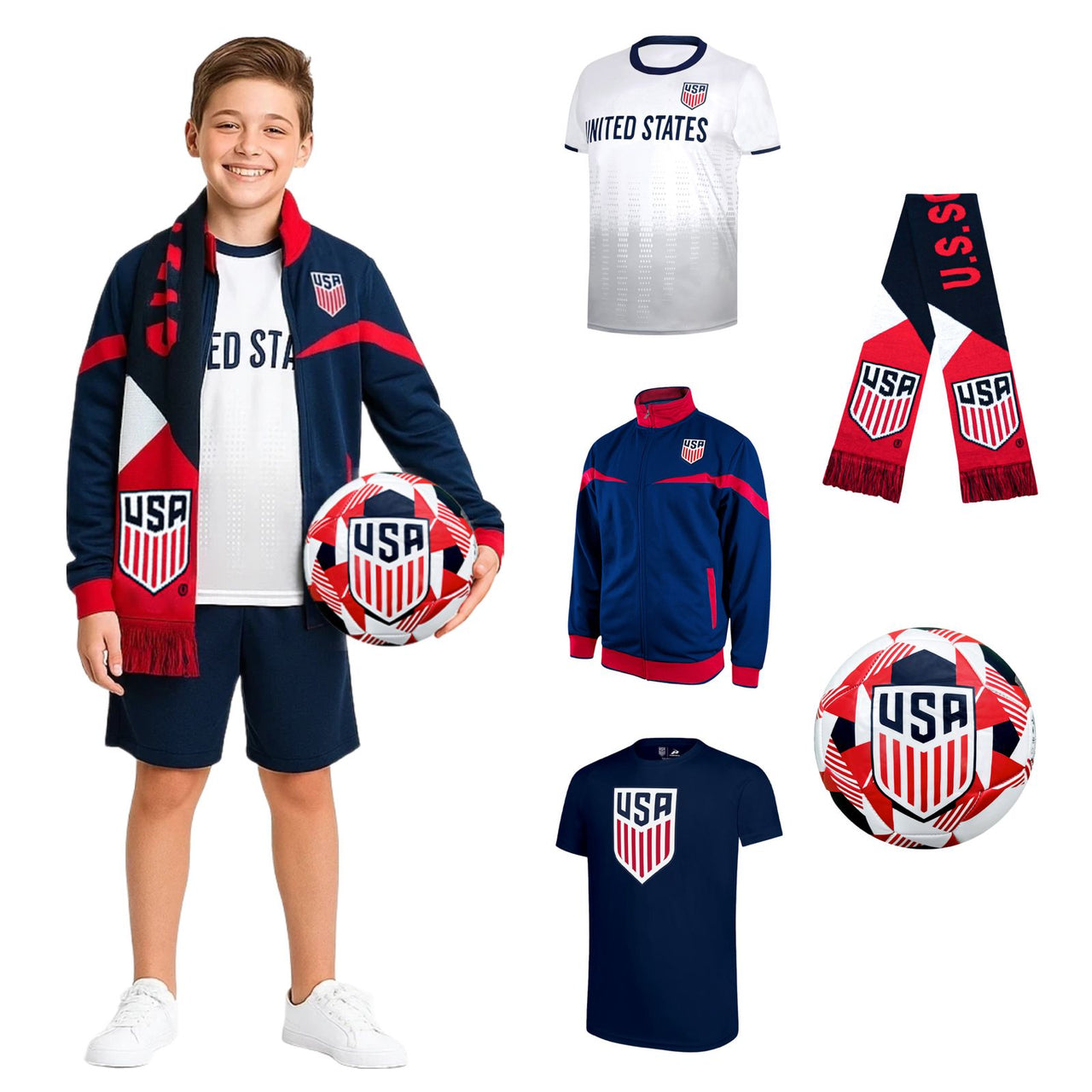 US Men's National Team Kids Ultimate Fan Pack: Soccer Ball, Scarf, Shirts & Jacket 5-Piece Value Set - USSFUFP-YP